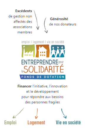 Description de l'organisation Entreprendre pour la Solidarité :<br />
- Excédents de gestion non affectés des associations membres<br />
- Générosité de nos donateurs<br />
- Financer l'initiative, l'inovation et le développement pour répondre aux besoins de personnes fragiles (emploi, logement, vie en société)